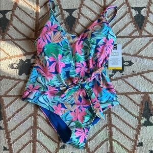 Vibrant Floral One Piece faux wrap  Swimsuit Women’s medium new w tags